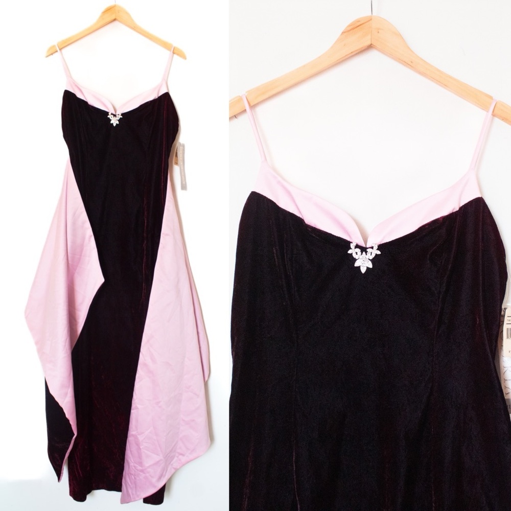 Roberta | Vintage 80’s/90’s Burgundy & Pink Velvet Strap Formal Dress | Size 11